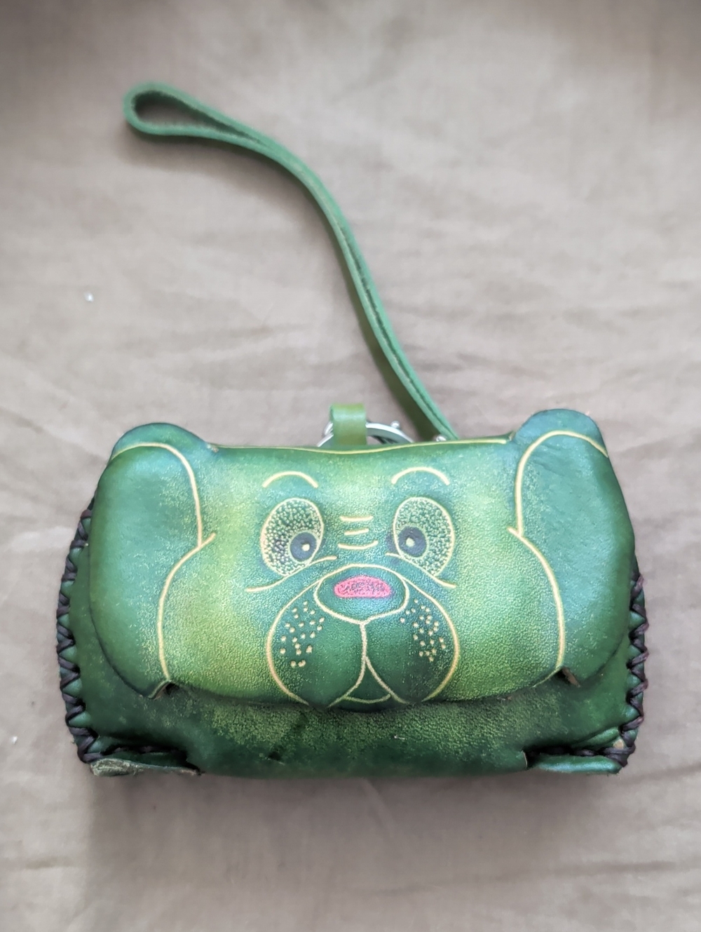 Leather Green Dog Face Wristlet Bag